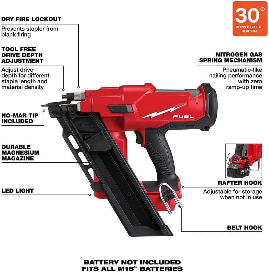 2745-20 Cordless Power Framing Nailer for Milwaukee M18 18V FUEL 30-Degree Framing Nailer - Bare Tool