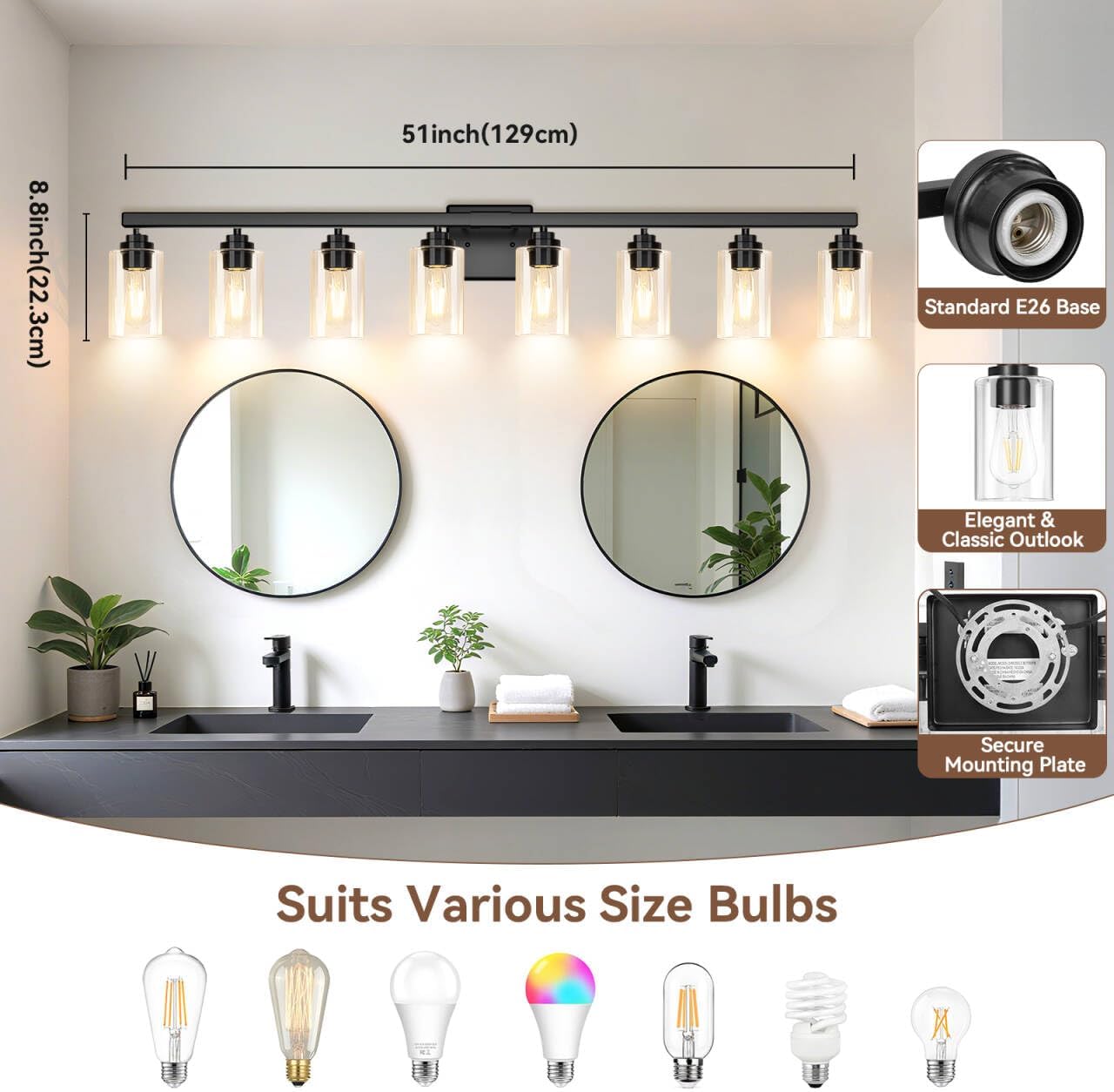 8-Light Bathroom Light Fixtures, 51' Modern Vanity Lights Over Mirror with Clear Glass Shades, Matte Black Light Fixture, Classic Wall Light Fixture for Mirror Living Room Cabinet Bedroom Porch
