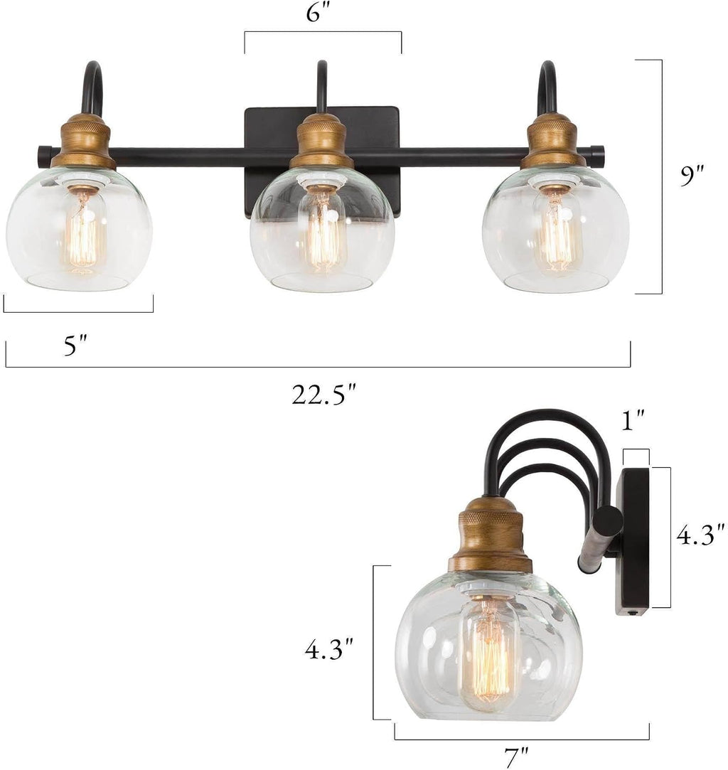 KSANA Farmhouse Bathroom Light Fixture, Modern Black Gold 3-Light Vanity Light with Opening Clear Glass Shade, Modern Antique Brass Wall Lamp Over Mirror