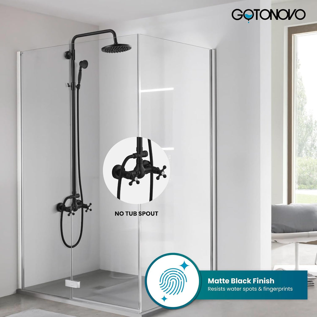 gotonovo Exposed Bathroom Shower Faucet Set Shower Fixture 8 Inch Rainfall Shower Head Handheld Shower Cross Handle Wall Mount 2 Functions Matte Black