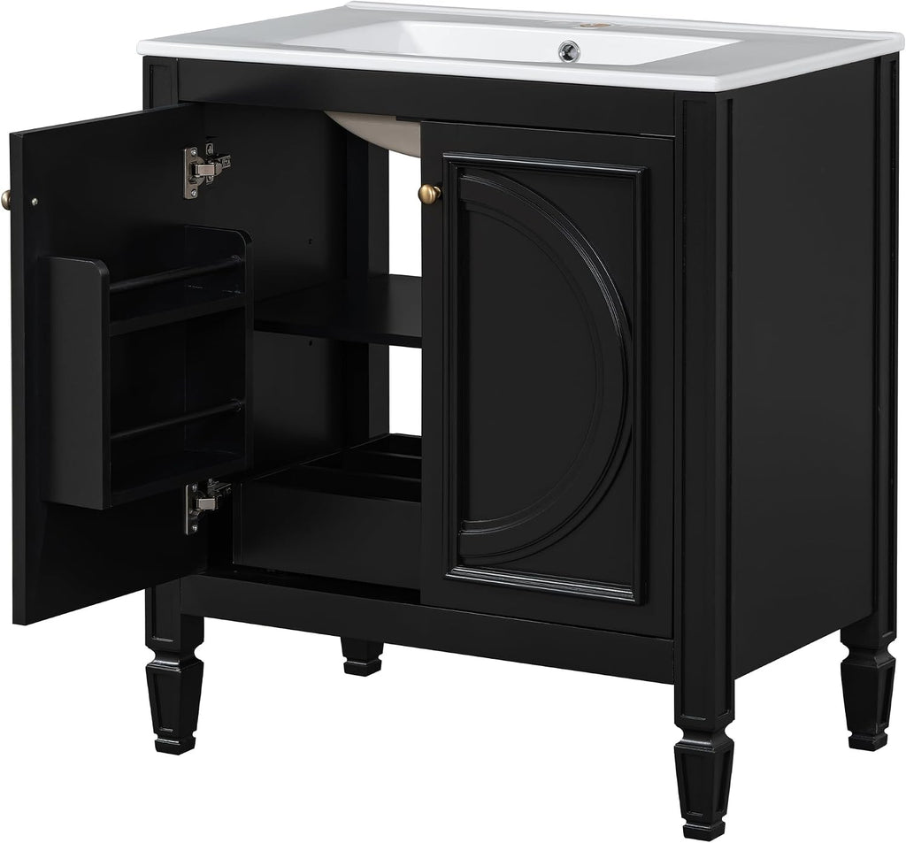 30 Inch Black Bathroom Vanity with Sink,Vintage Bathroom Sink Cabinet 30 Inch,Drop-In with Integrated Countertop,2 Storage Door Organizers & Sliding Tray,Adjustable Shelf,Soft Closing,Solid Wood Frame