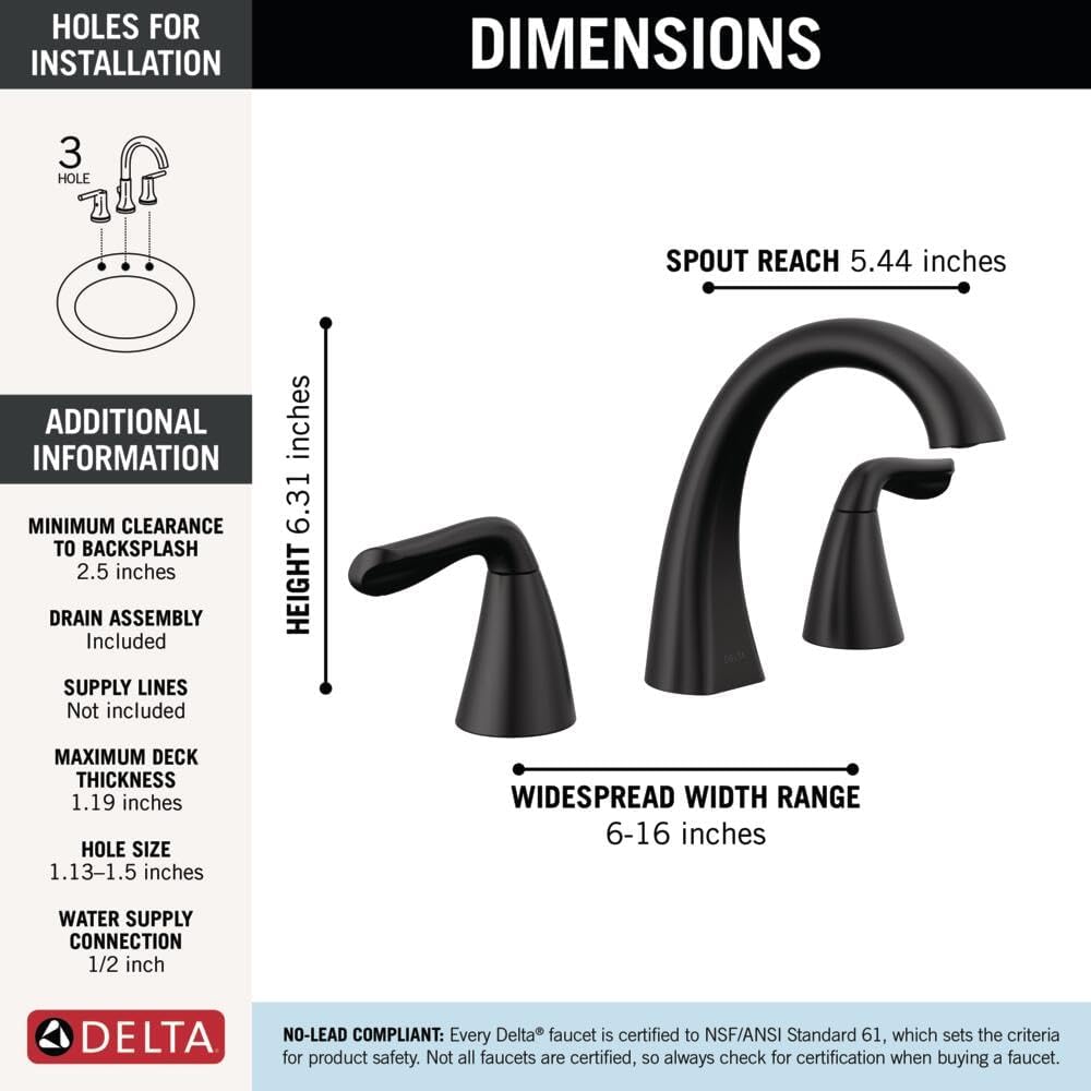 Delta Arvo Matte Black Bathroom Faucet 3 Hole, 8 Inch Widespread Bathroom Sink Faucet for Vanity, Push-Pop Drain Assembly, Matte Black 35840LF-BL