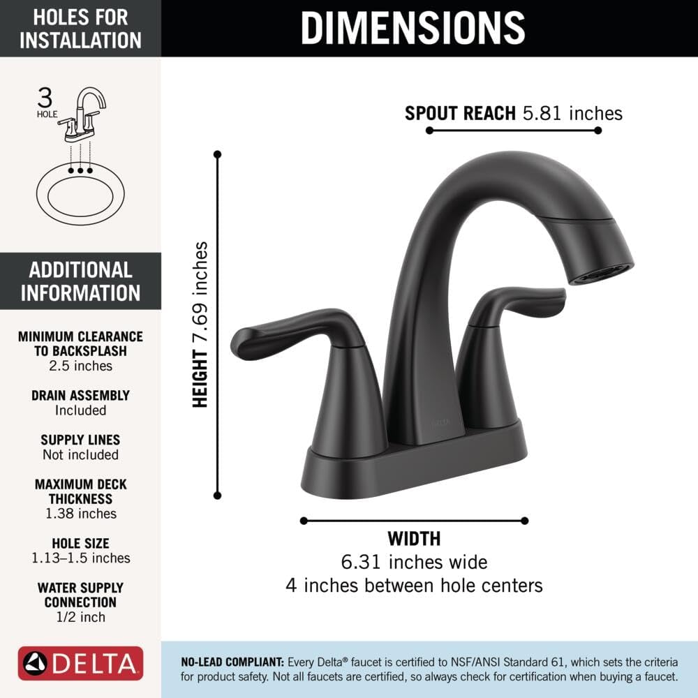 Delta Arvo Pull-Down Centerset Bathroom Faucet, Matte Black Bathroom Sink Faucet, Bathroom Faucet with Pull Out Sprayer, 3-Hole Bathroom Faucet, Matte Black 25840LF-BLPD