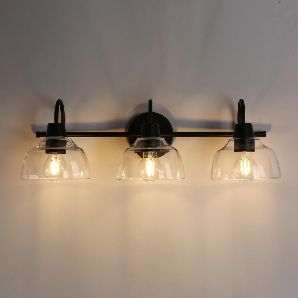 KSANA Black Bathroom Light Fixture, 3-Light Vanity Light with Large Opening Clear Glass Shade, Modern Farmhouse Wall Lamp Over Mirror