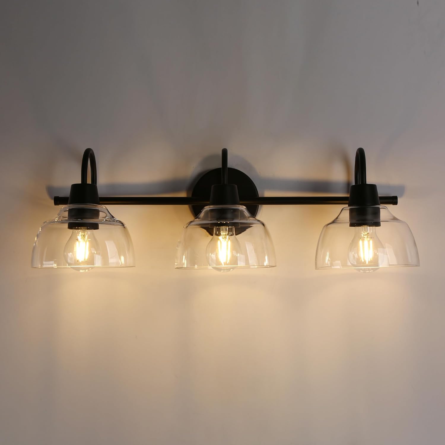 KSANA Black Bathroom Light Fixture, 3-Light Vanity Light with Large Opening Clear Glass Shade, Modern Farmhouse Wall Lamp Over Mirror