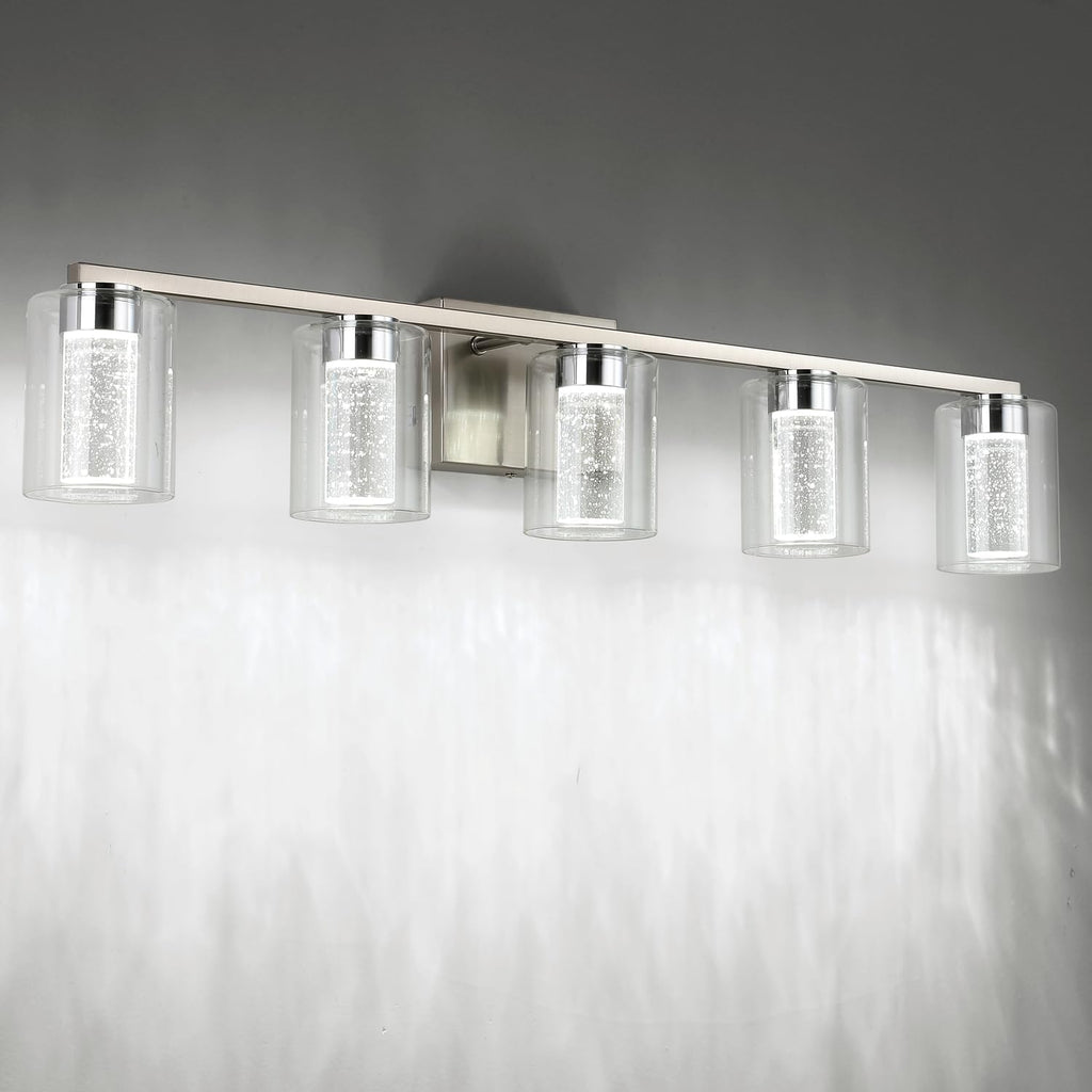 SineRise 5-Light Brushed Nickel Vanity Light with 3 Color Modes (3000K/4000K/6000K), Eye Protection LED Bathroom Light Fixture, Dimmable Modern Wall Light Over Mirror with Clear Glass Shade