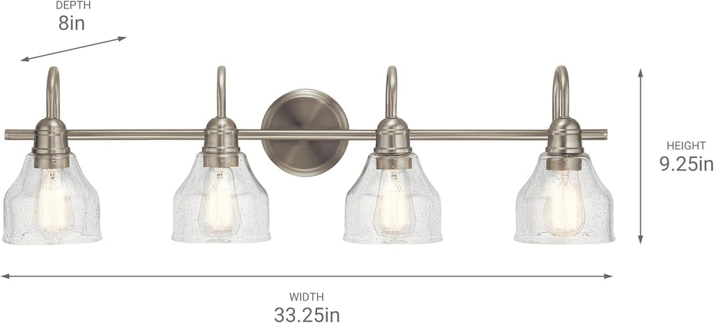 Kichler Avery 33.25' 4 Light Bathroom Vanity Light in Brushed Nickel, Vintage Bathroom Wall Mount Fixture with Clear Seeded Glass, (33.25' W x 9.25' H), 45974NI