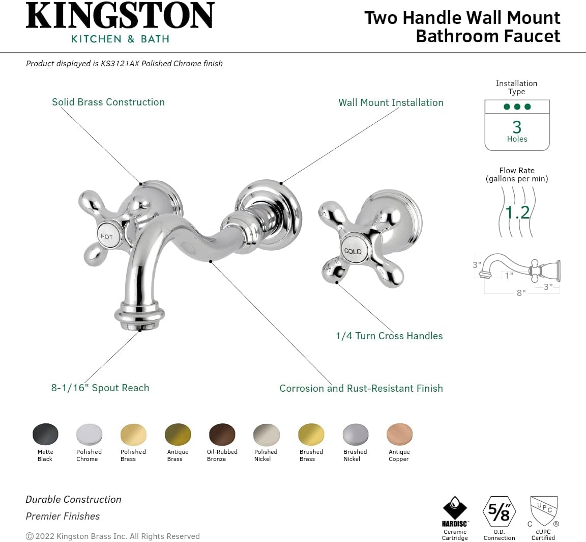 Kingston Brass KS3122AX Vintage 2-Handle Wall Mount Bathroom Faucet, Polished Brass