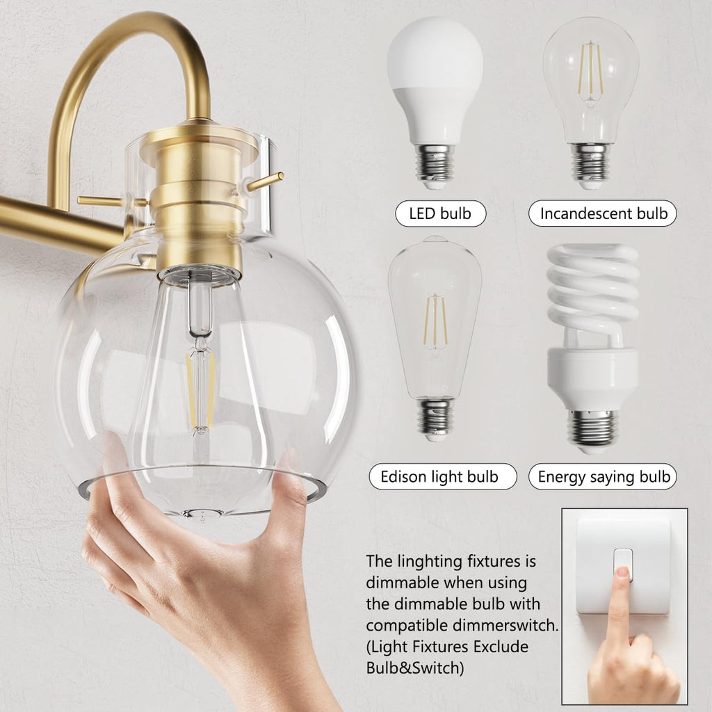 4-Light Gold Bathroom Vanity Light Fixtures, 24 Inch Over Mirror with Clear Glass Shade Wall Mounted Sconces for Bathroom, Living Room, Hallway, E26 Base