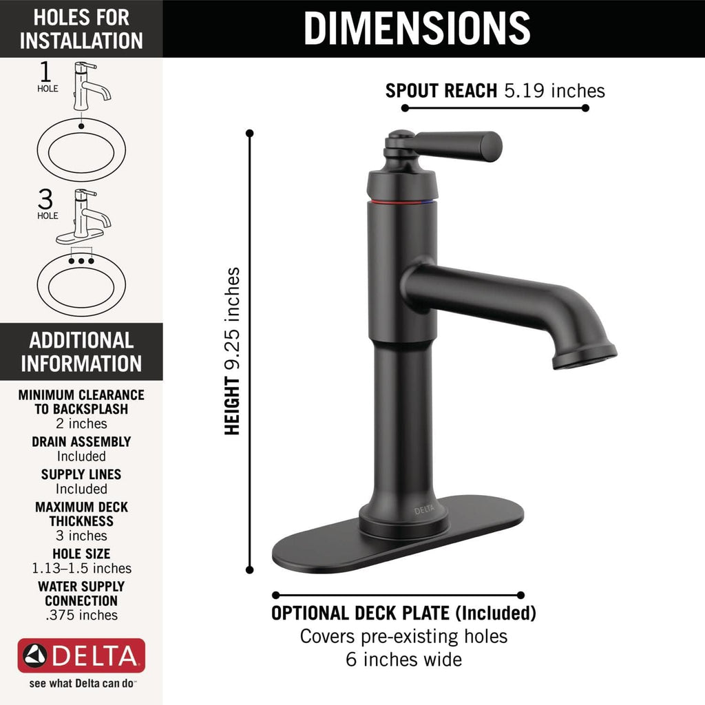 Delta Faucet Saylor Matte Black Bathroom Faucet, Single Hole Bathroom Faucet, Single Handle Bathroom Sink Faucet Black, Diamond Seal Technology, Drain Assembly, Matte Black 536-BLMPU-DST