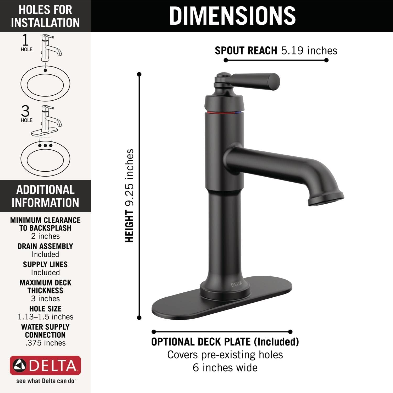 Delta Faucet Saylor Matte Black Bathroom Faucet, Single Hole Bathroom Faucet, Single Handle Bathroom Sink Faucet Black, Diamond Seal Technology, Drain Assembly, Matte Black 536-BLMPU-DST