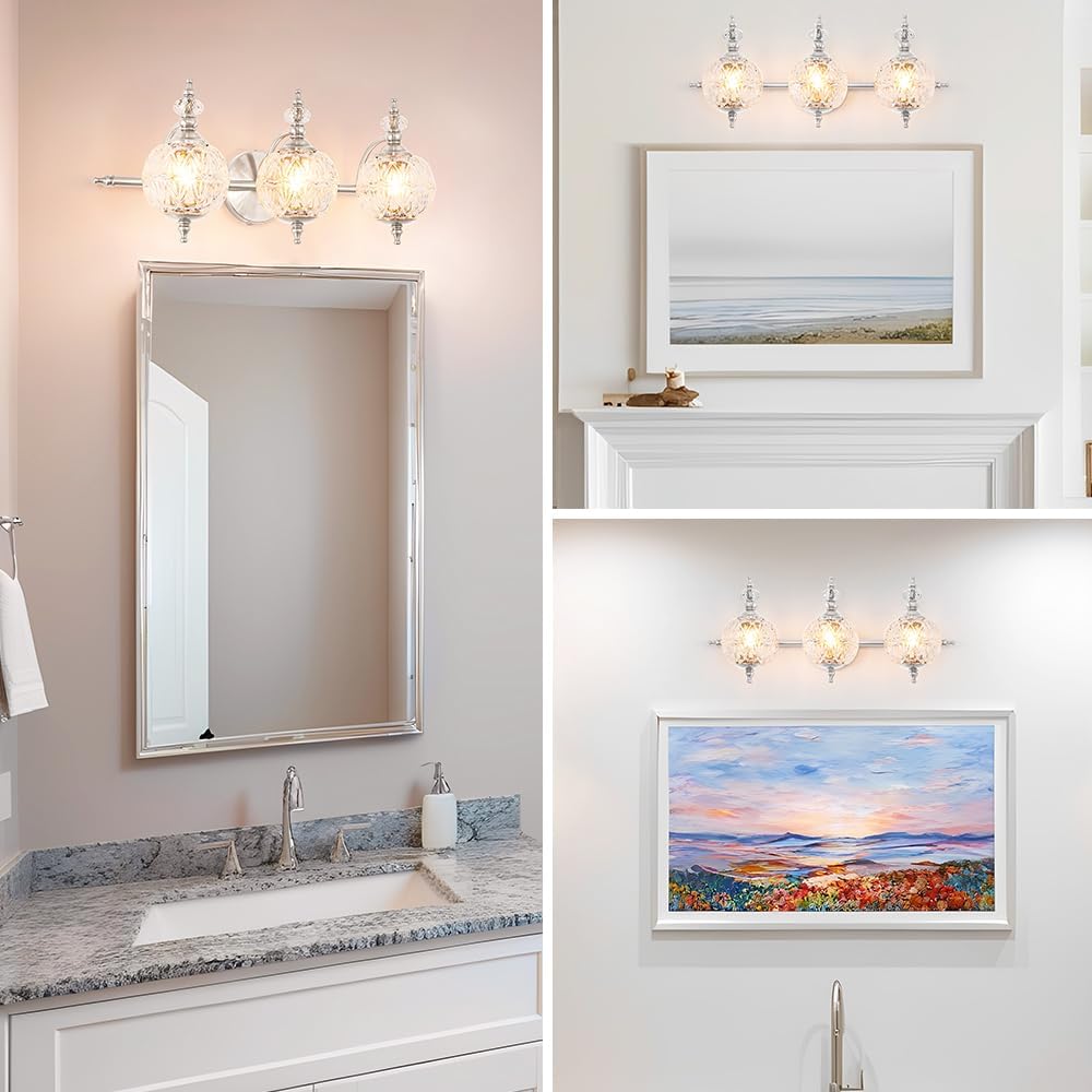 Brushed Nickel Bathroom Vanity Light Fixture Vintage Style - 3 Light G9 Bulb Compatible, 23' Wide Bathroom Lighting Over Mirror with Hand-Etched Glass Shades, Easy Mount for Makeup Area