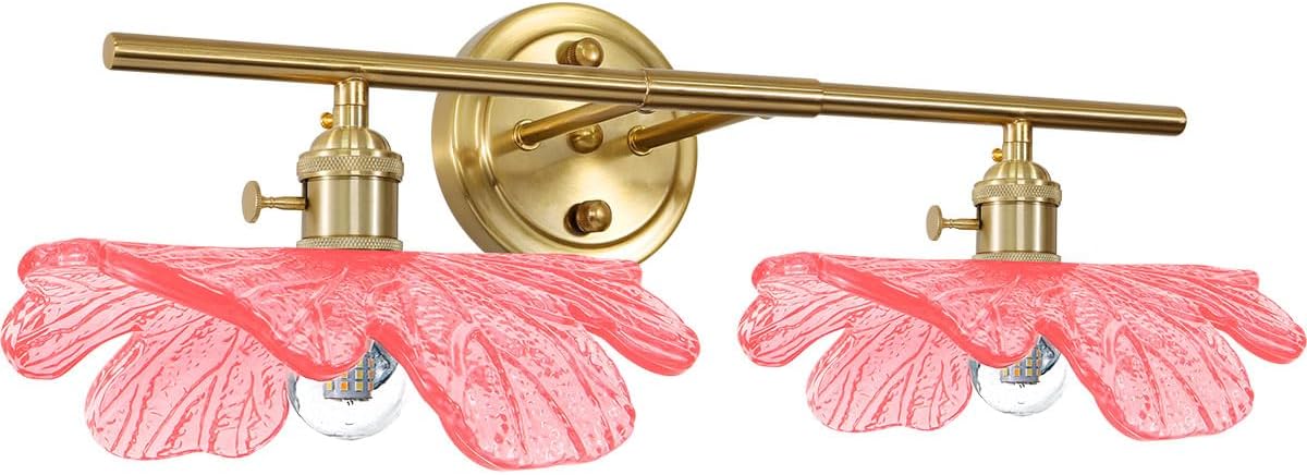 Pink Glass Wall Sconce Light Gold Brass Bathroom Vanity Lights | 2 Light, Bathroom Lights Over Mirror, Vintage, MCM, Grils Room,Bedside,Doorway, E26, Easy to Install, Wall Sconce, Wall Light