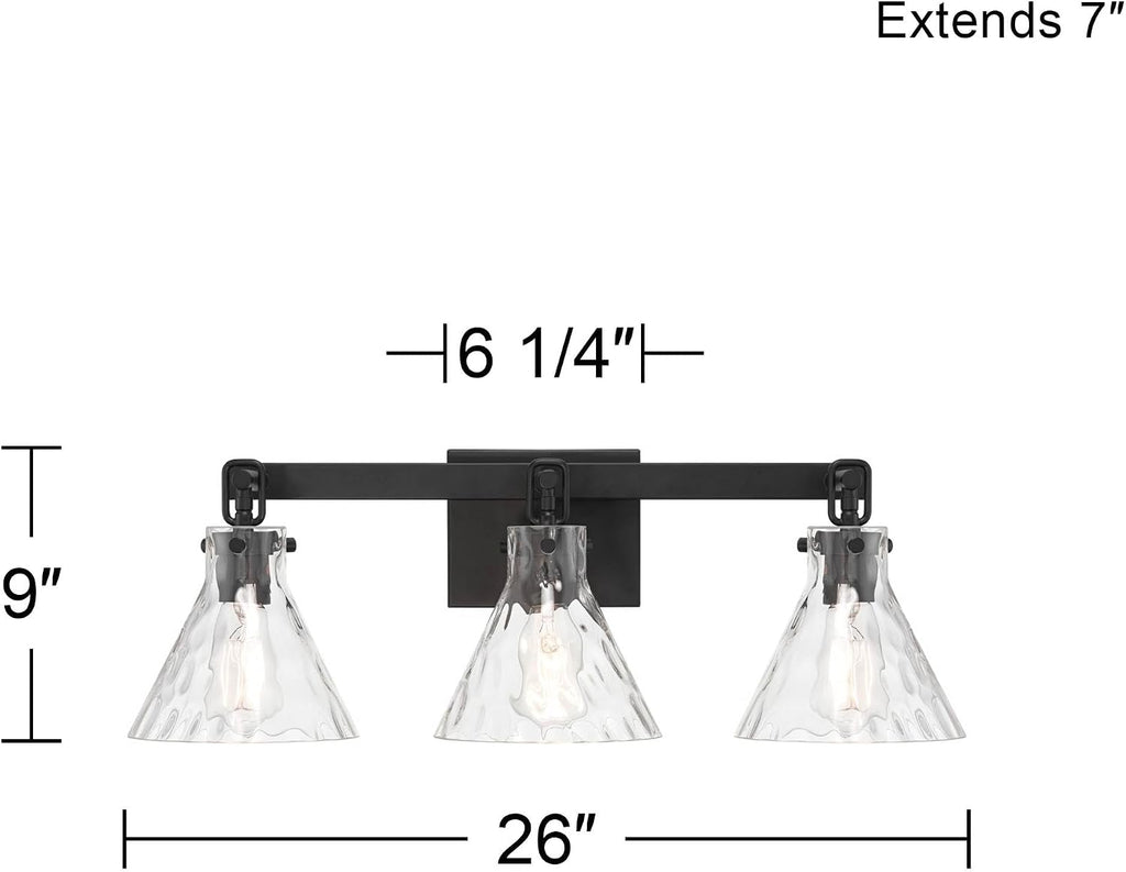 Possini Euro Design Ishii 26' High Modern 3 Light Bathroom Vanity Wall Lamp Light Fixture Mount Over The Sink Mirror Hardwired Cordless Matte Black Clear Glass Shade Indoor Entry-Way