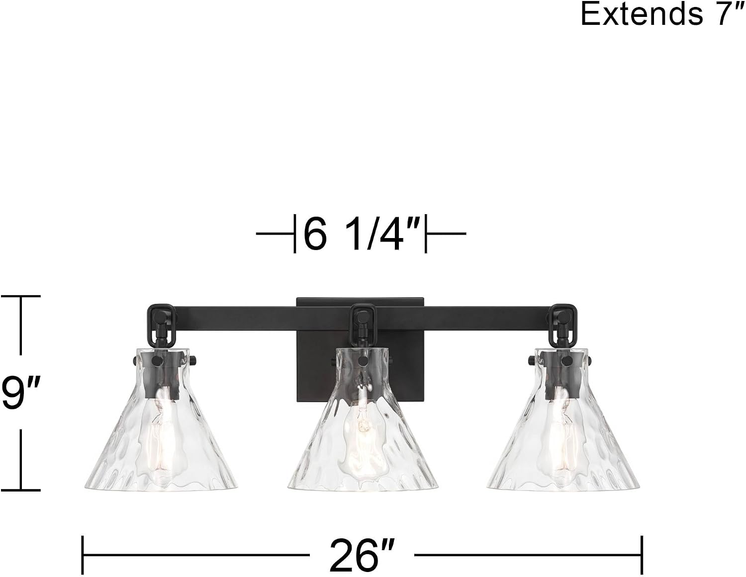 Possini Euro Design Ishii 26' High Modern 3 Light Bathroom Vanity Wall Lamp Light Fixture Mount Over The Sink Mirror Hardwired Cordless Matte Black Clear Glass Shade Indoor Entry-Way
