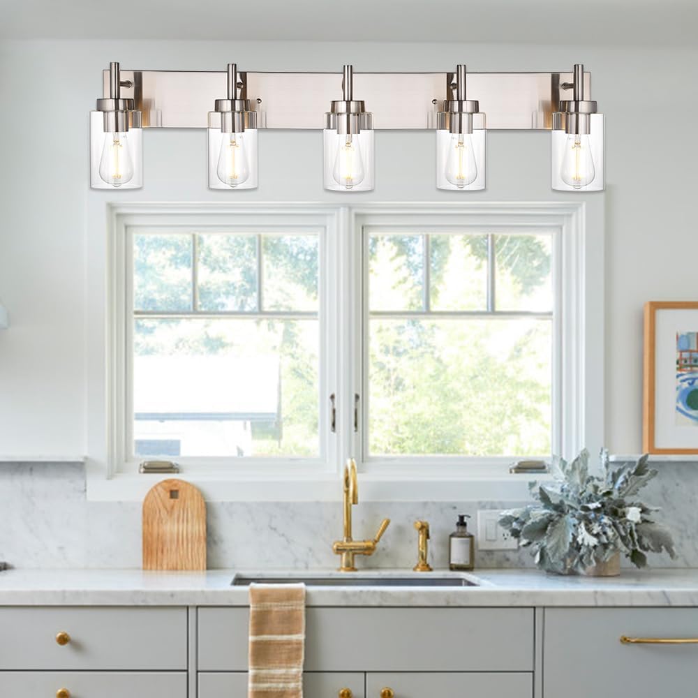 5 Lights Bathroom Vanity Light Fixture Brushed Nickel Sconces Wall Lighting Modern Industrial Indoor Wall Mounted Lamp for Kitchen Living Room Dining Room (Patent No.: US D958,438 S)