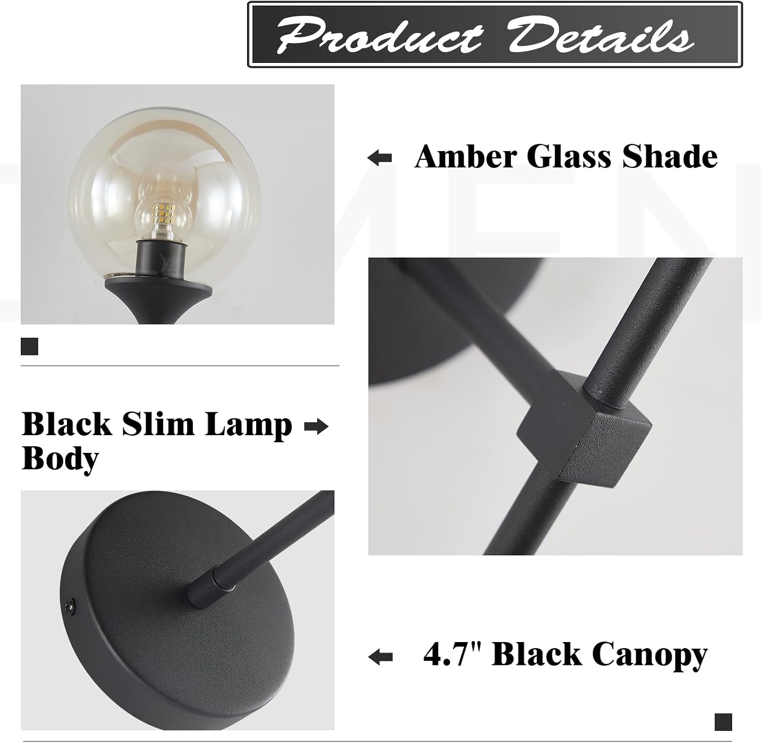 KCO Lighting Mid Century Modern 1-Light Wall Sconce Lighting Set of Two Matte Black Globe Vanity Wall Light Fixture Set of 2 Amber Glass Bathroom Wall Lamp Industrial Long Pole Wall Sconce