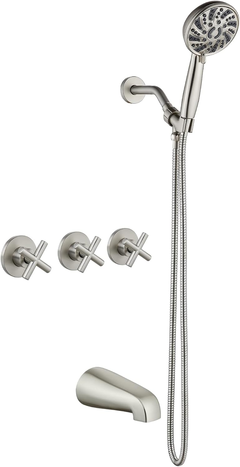 gotonovo 3 Handle Tub Shower Faucet Set,Shower System with Tub Spout,Shower Head and Handle Set with 6 Settings Handheld Spray Tub and Shower Faucet Combo Wall Mount Tub Shower Fixture Brushed Nickel