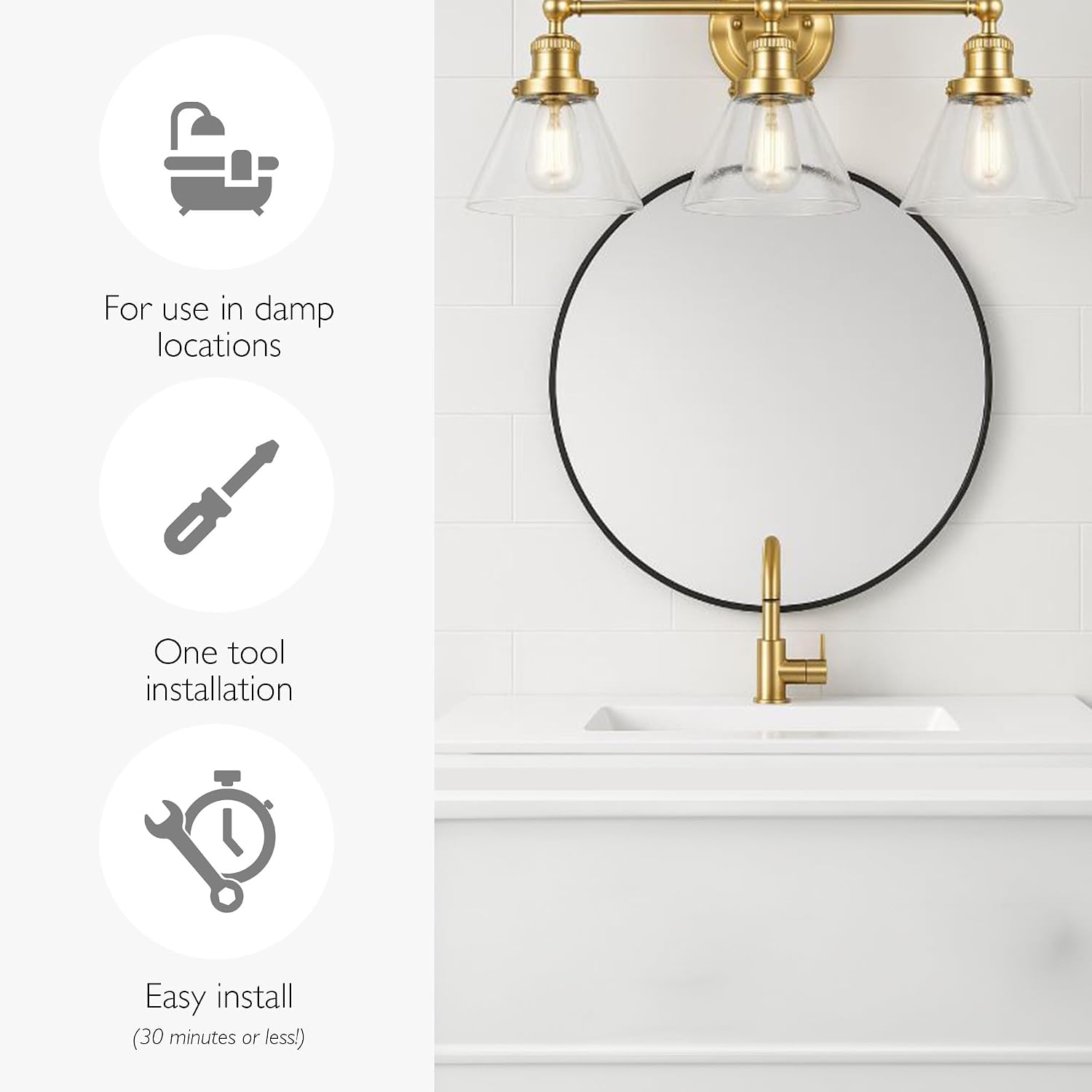 Design House Augustin Vanity Light, 3-Light, Seeded Glass Warm Glow, Dimmable, Up/Down Glow, Easy Installation, E26 Socket, Satin Gold, 25.9 in L x 8.3 in D x 11.1 in H, 589036-SG