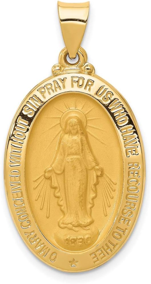14k Gold Virgin Mary Miraculous Medal Pendant - Oval Mother Mary Necklace Charm with Sacred Words - Handcrafted Religious Jewelry Made in USA - Traditional Catholic Design