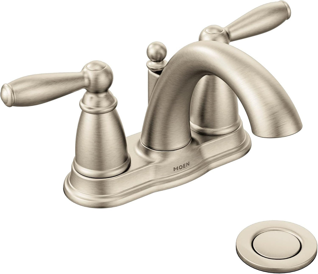Moen Brantford Brushed Nickel Two-Handle Low-Arc Traditional Centerset Bathroom Faucet with Drain Assembly, 6610BN