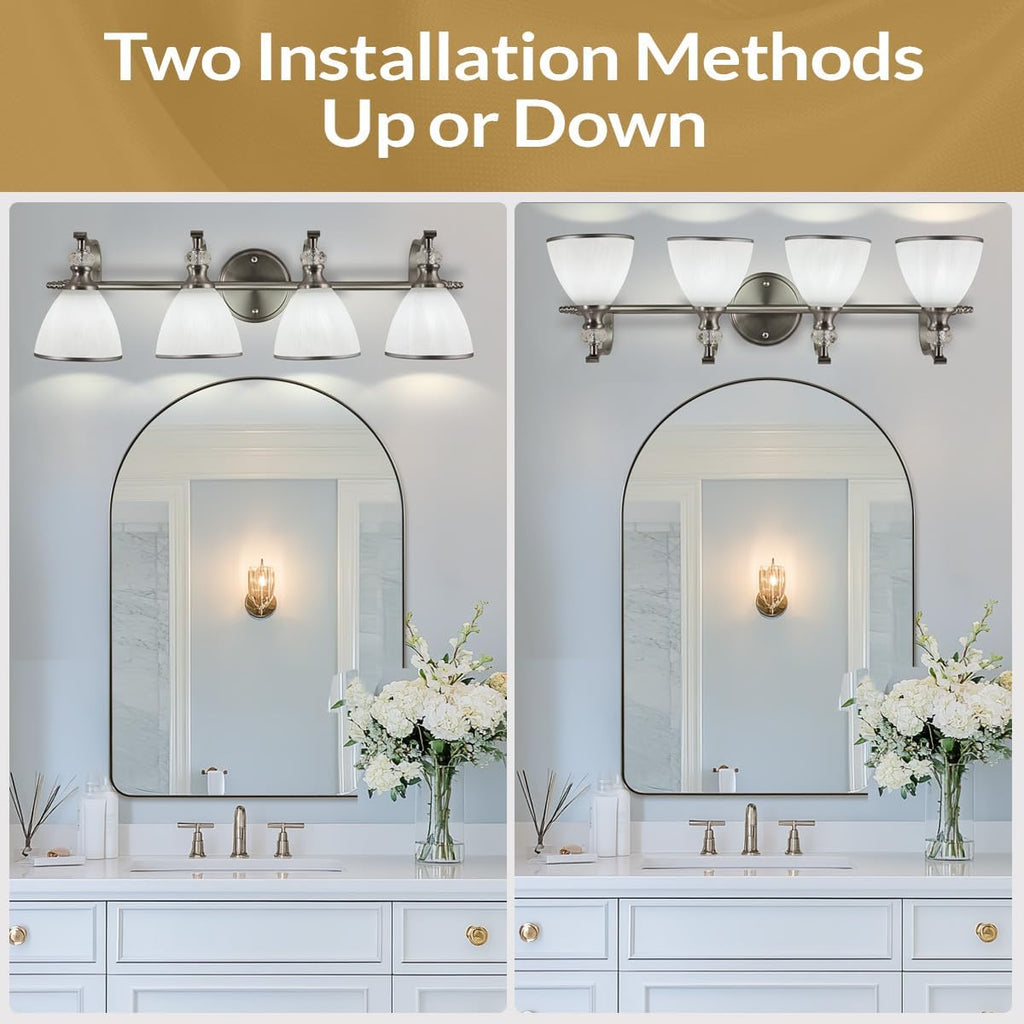 ANDY STAR Bathroom Light Fixtures Over Mirror, 4-Light Brushed Nickel Vanity Lights for Bathroom, 27.8 Inch Vintage Wall Sconce with Milk White Bell Glass Shades, Rustproof Silver Finish, E26 Base