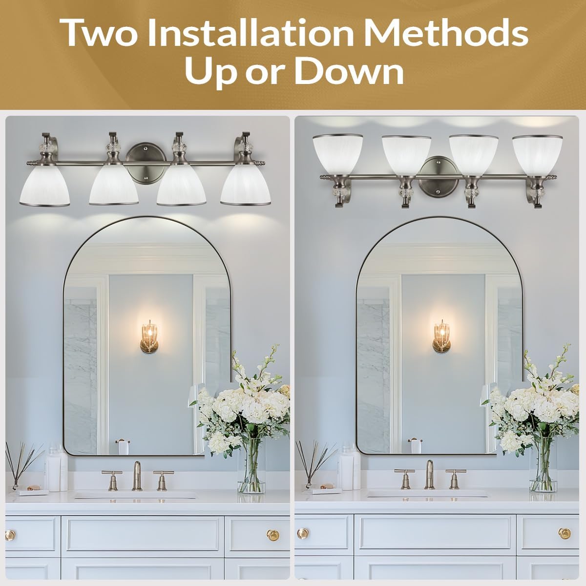 ANDY STAR Bathroom Light Fixtures Over Mirror, 4-Light Brushed Nickel Vanity Lights for Bathroom, 27.8 Inch Vintage Wall Sconce with Milk White Bell Glass Shades, Rustproof Silver Finish, E26 Base
