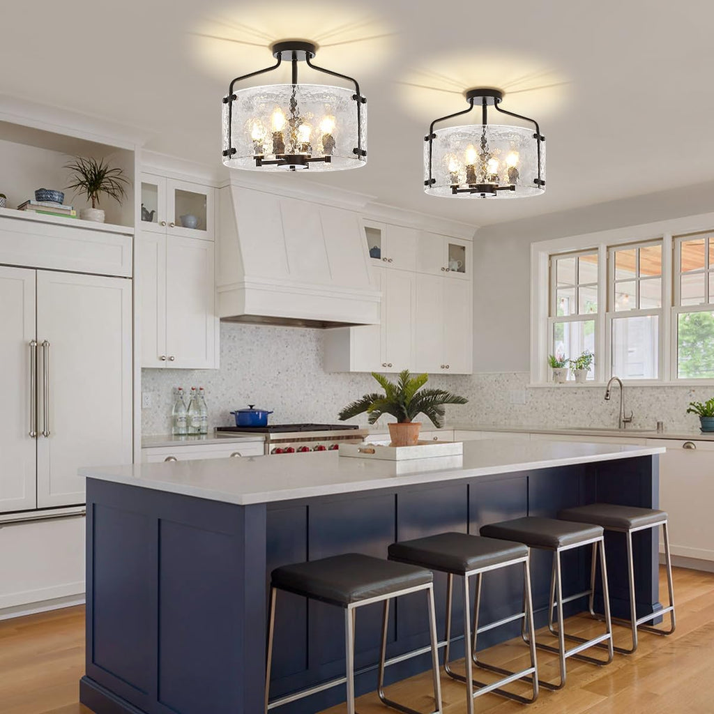 Black Semi Flush Mount Ceiling Lights, Modern Hammered Glass Entryway Hallway Light Fixtures 4-Light Drum Chandelier for Dining Room Bathroom Bedroom Kitchen Foyer Lighting