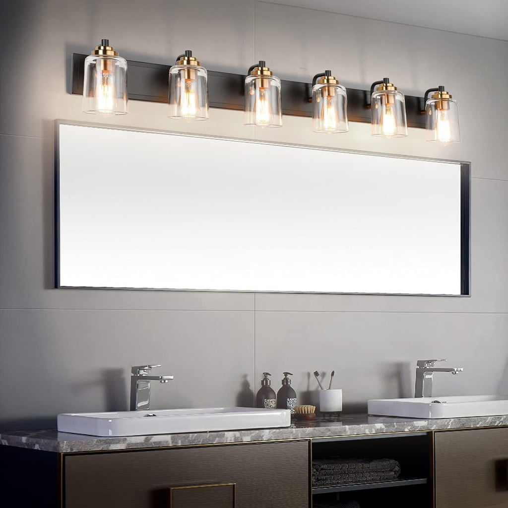 SOLFART Bathroom Vanity Light Black and Brass Bathroom Light fixtures Durable Glass Globe Vintage Stylish Lighting 6 Lights(8580)