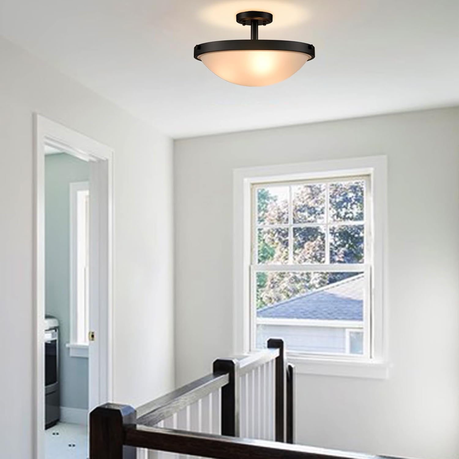 SAMTEEN Farmhouse Black Semi Flush Mount Ceiling Light Modern 3-Light Frosted Glass Ceiling Light Fixtures Matte Black Flush Mount Light for Hallway Bedroom Kitchen Bathroom, 16-Inch