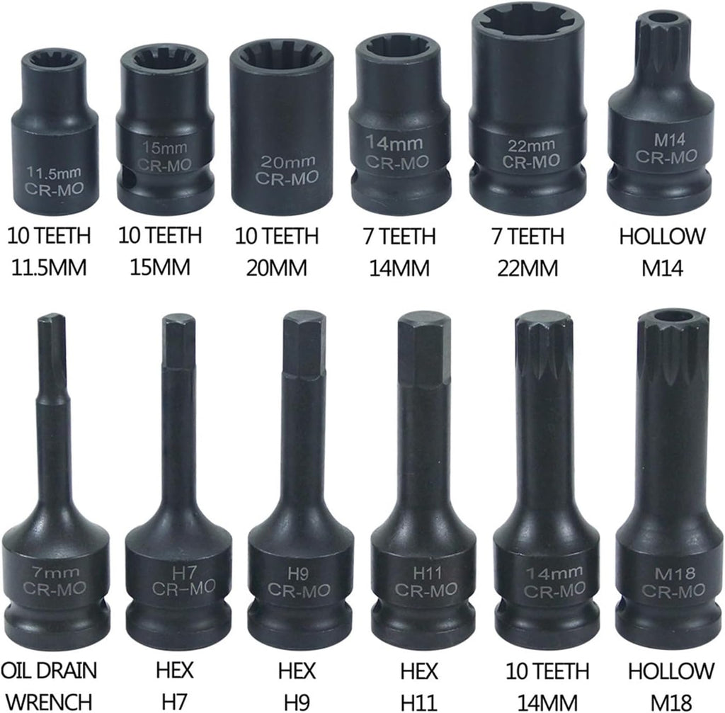 12Pc Impact Brake Caliper Special Socket Set Compatible with VW Porsche Benz BMW 1/2' Square Drive