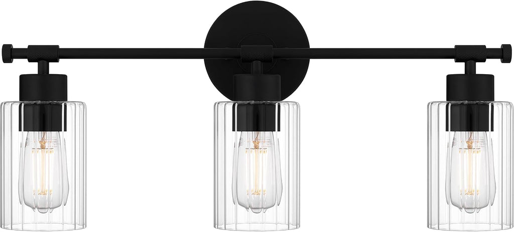 Quoizel Caputo Bath Vanity Lights, 24 Inch 3-Light Matte Black Lighting Fixtures Over Mirror, Clear Ribbed Glass, 100W, Modern Industrial Wall Mount Light for Bathroom, Dresser or Sink