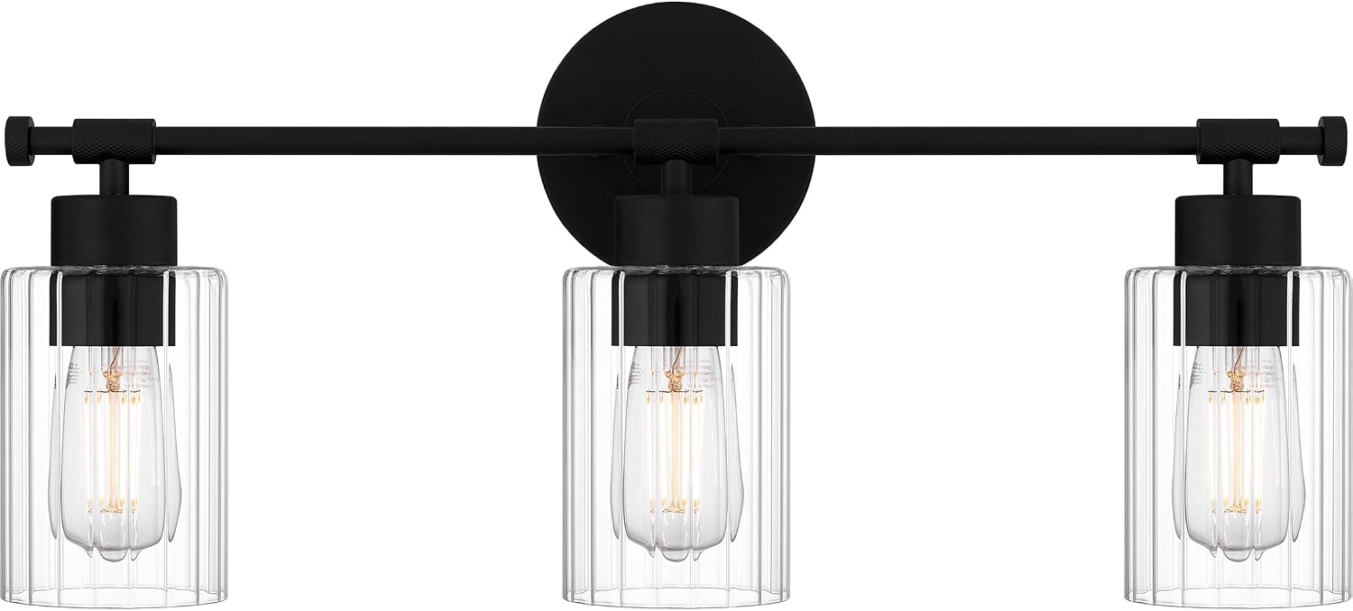 Quoizel Caputo Bath Vanity Lights, 24 Inch 3-Light Matte Black Lighting Fixtures Over Mirror, Clear Ribbed Glass, 100W, Modern Industrial Wall Mount Light for Bathroom, Dresser or Sink