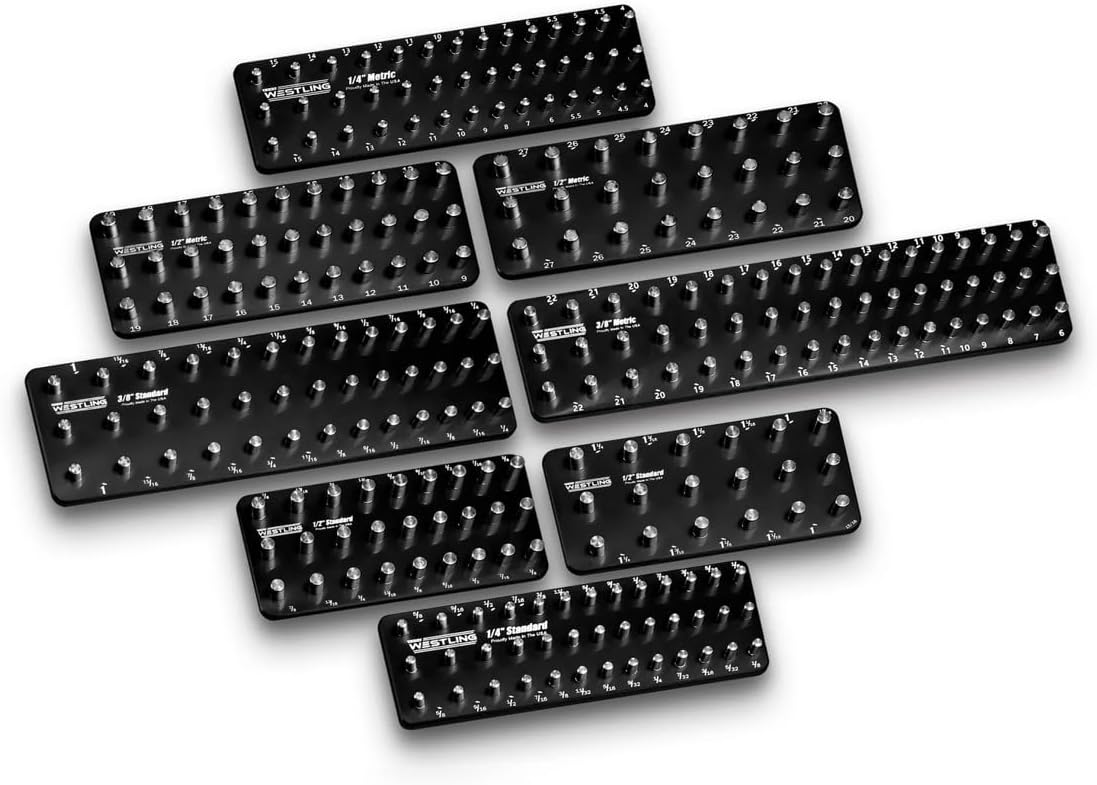 Westling USA Premium Aluminum Professional 8 Piece Socket Tray/Organizer Set, Holds 273 Standard and Metric Sockets (Black/Black, 3 Row)