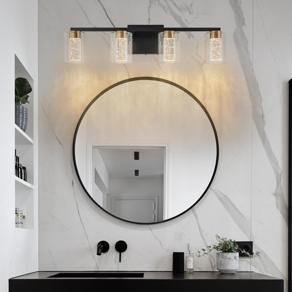 SineRise 4-Light Black and Gold Vanity Light with 3 Color Modes (3000K/4000K/6000K), Eye Protection LED Bathroom Light Fixture, Dimmable Modern Wall Light Over Mirror with Clear Glass Shade
