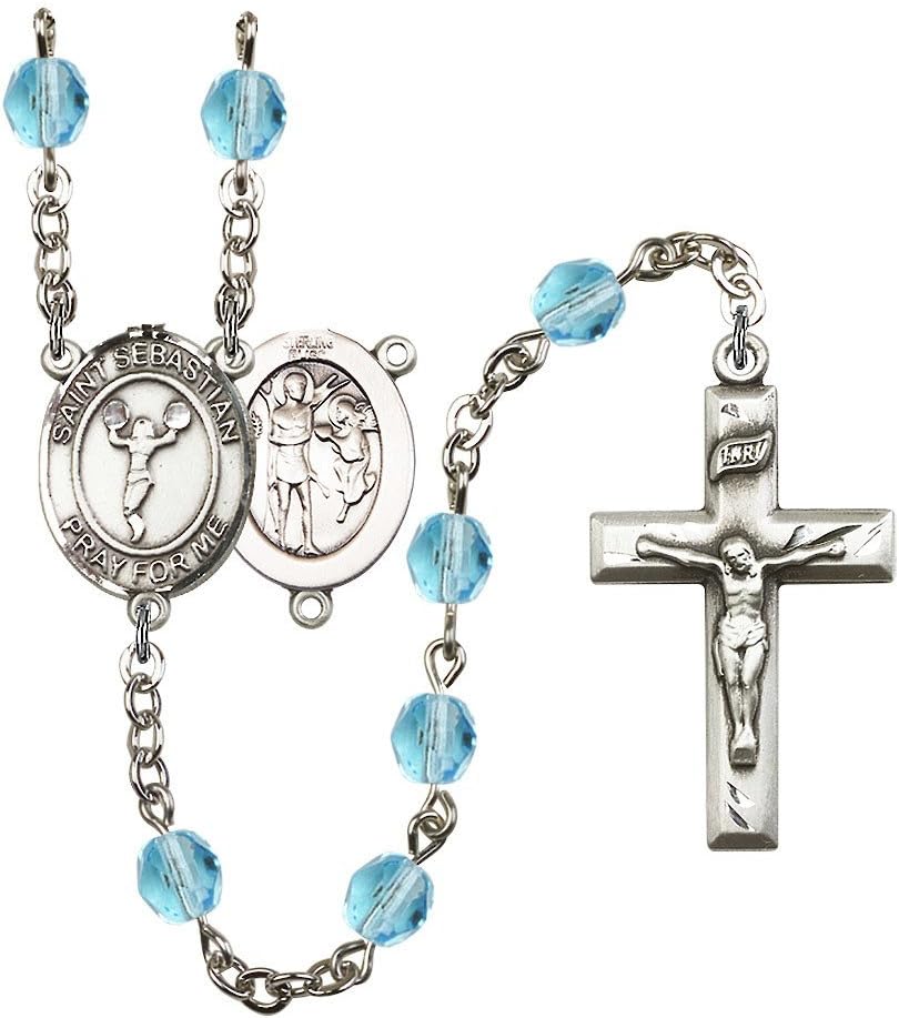 St. Sebastian/Cheerleading Silver-Plated Rosary 6mm March Light Blue Fire Polished Beads Crucifix Size 1 3/8 x 3/4 medal