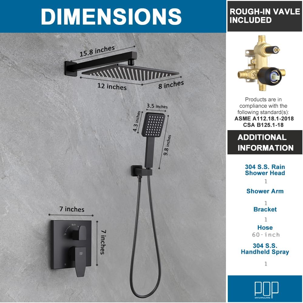 Matte Black Shower Faucet Set Rainfall 12 Inch Shower Head and Handle Set Bathroom Rain Shower System Wall Mounted Shower Fixture Include Shower Valve and Trim Kit