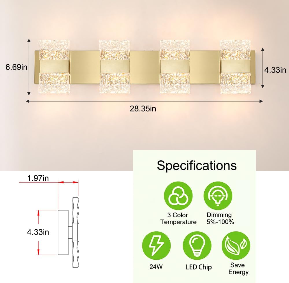 Bathroom Vanity Light Fixture, Modern Brushed Gold LED Vanity Light, Dimmable 24W LED Wall Sconce Lighting for Bathroom, Bedroom, Perfect for Makeup & Shaving