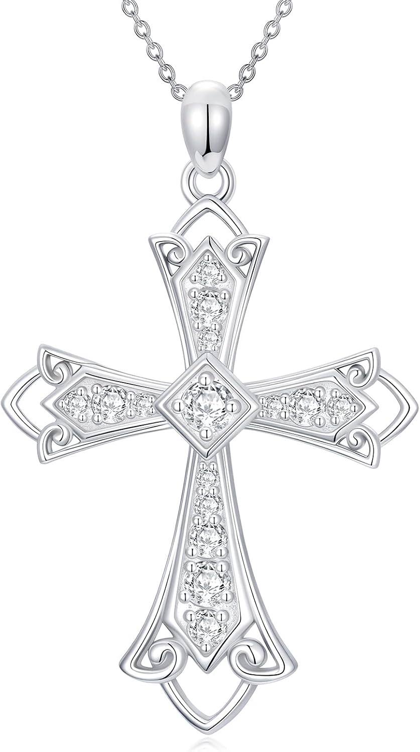 Real Sterling Silver Religious Necklace for Women, s925 Silver Cross Necklace Christian Religion Jewelry for Confirmation Baptism Ladies Mom, 18+2'
