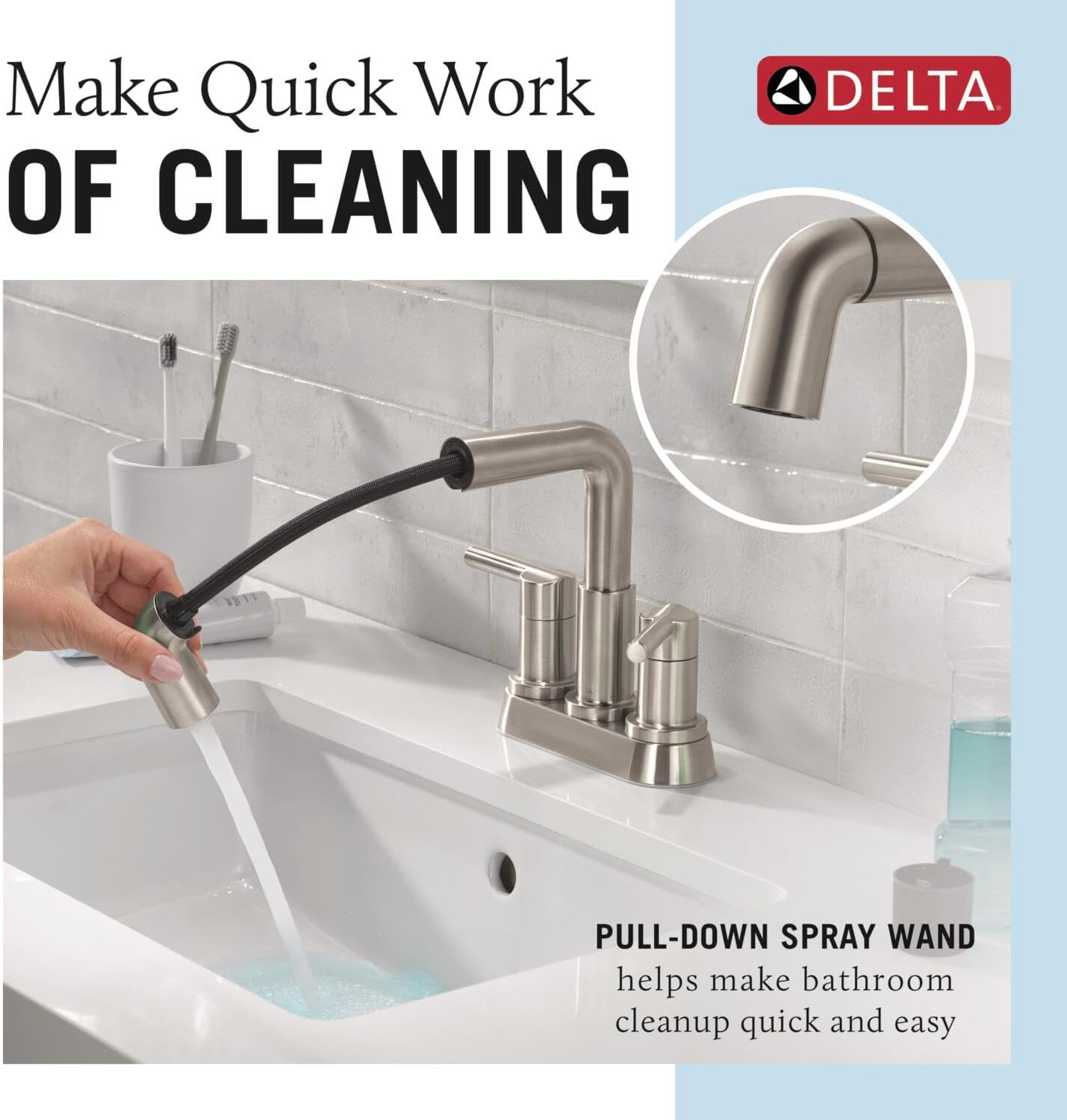 Delta Nicoli Centerset Brushed Nickel Bathroom Faucet with Sprayer, 4 Inch 3 Hole Bathroom Sink Faucet with Pull Out Sprayer, Push-Pop Drain, Stainless 25849LF-SSPD