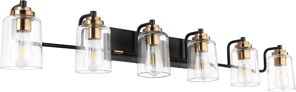 SOLFART Vintage Wall Vanity Lights for Bathroom Vanity Light 40 inch Black Globe Light Metal with Clear Glass Brass Fixtures Wall Mount Lighting Sconce 6 Light