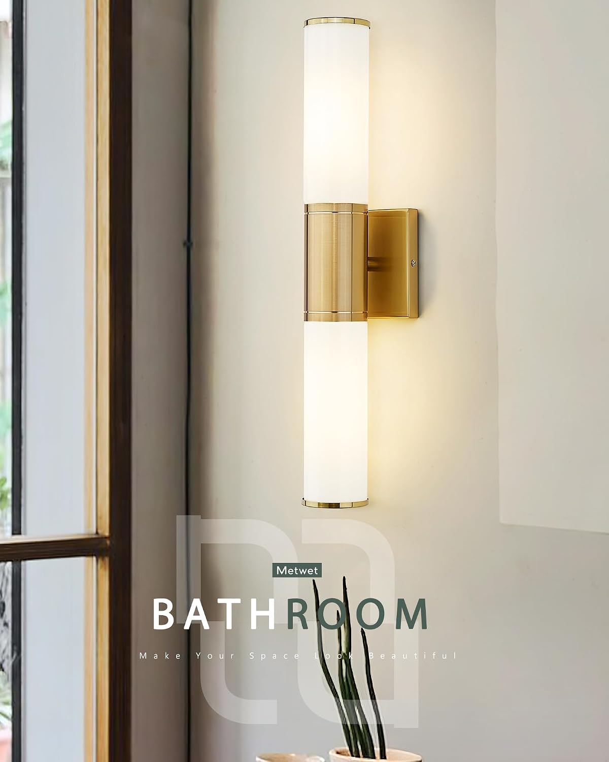Bathroom Light Fixtures Set of 2, 2 Light Vanity Lights for Mirror with Milk Glass Shade, Up and Down Wall Sconces for Bathroom Bedroom Hallway, Brushed Gold, VL834-BG-ML-2PK