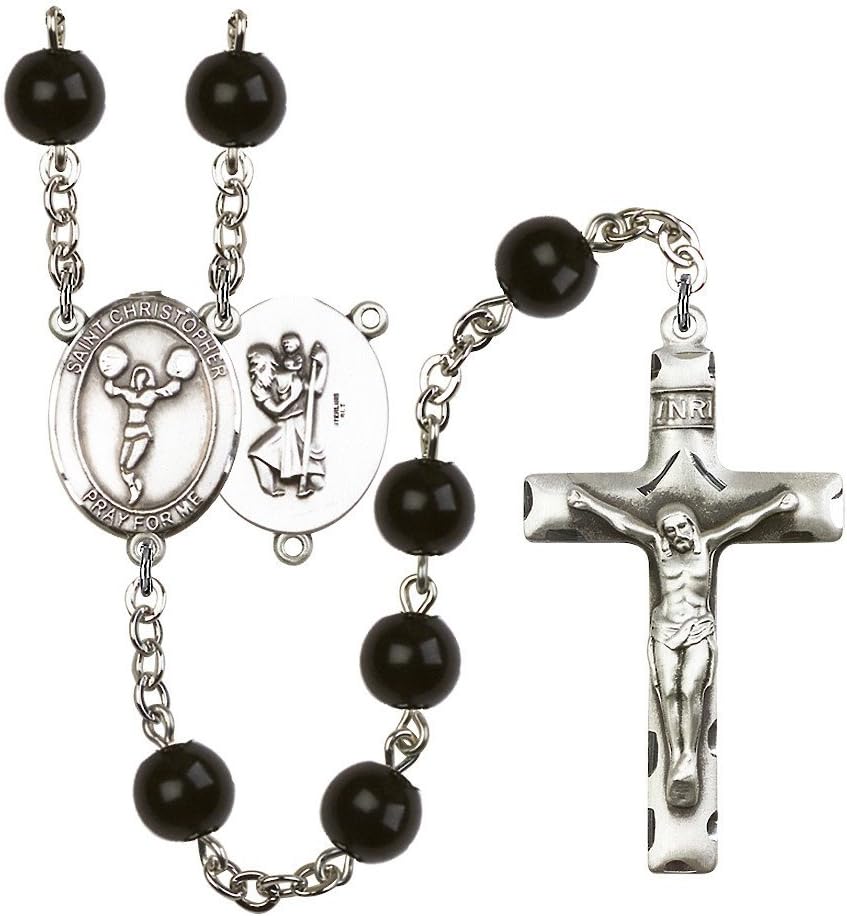 St. Christopher/Cheerleading Silver-Plated Rosary 7mm Black Onyx Beads Crucifix Size 1 3/4 x 1 medal charm