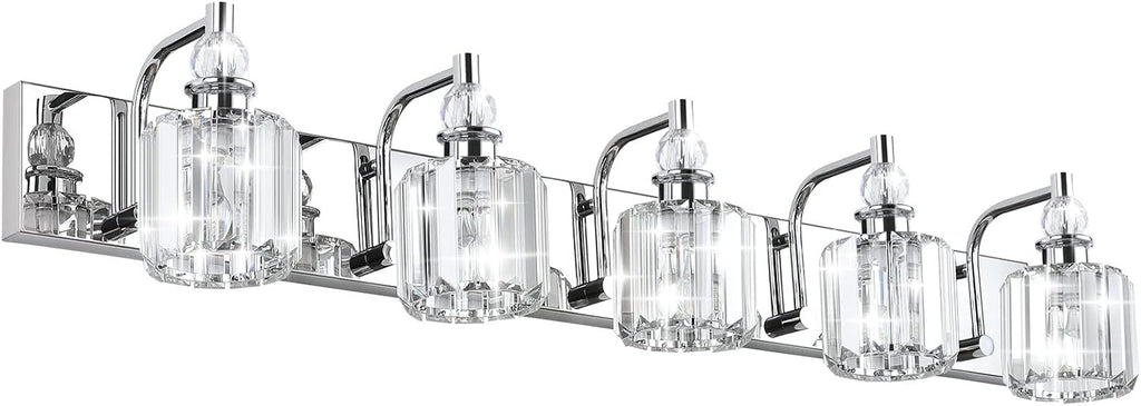 Ralbay Modern Crystal Vanity Lights 5 Light 40' Modern Crystal Bathroom Lights Fixtures Over Mirror Stainless Steel Chrome Vanity Light for Bathroom Wall Lights Fixtures