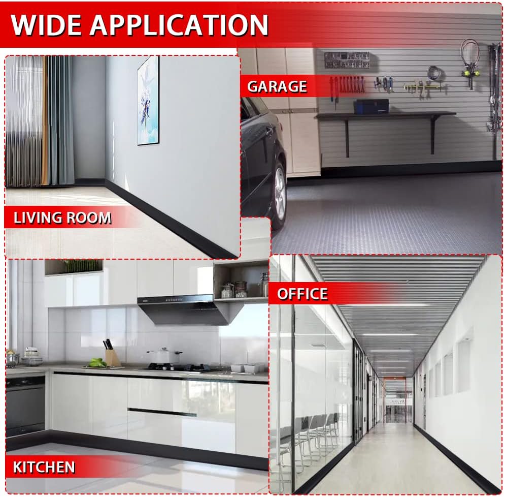 Vinyl Wall Base Baseboard Molding Trim 4' Flexible Self Adhesive Rubber Wall Base Moulding Trim Peel and Stick Design, 4 Inch x 200 Feet, Black