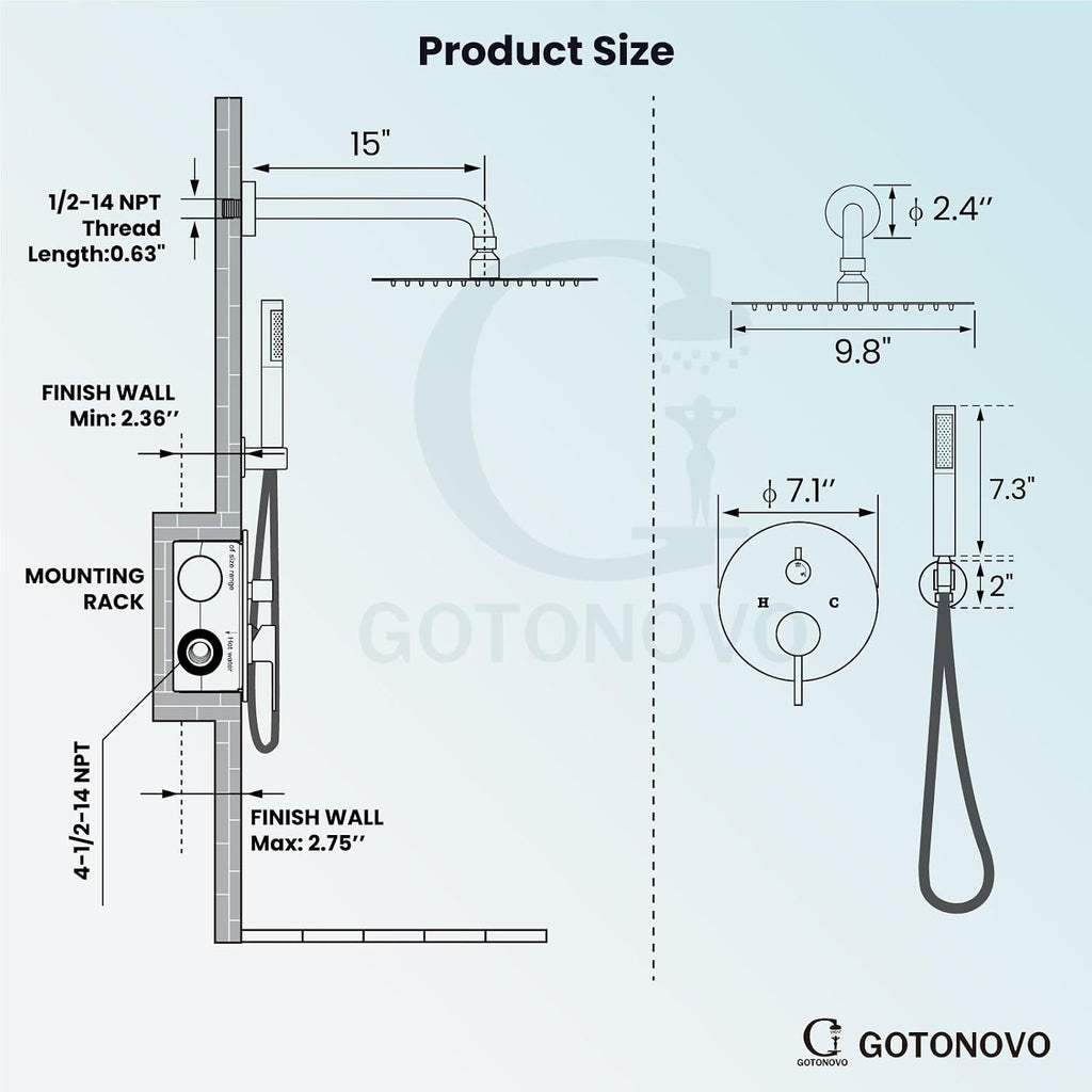 gotonovo Shower System 10 Inch Round Rainfall Showerhead Wall Mounted High Pressure Shower Faucet Set Fixture Combo with Rough in Valve and Cylindrical Handheld Spray, Polish Chrome