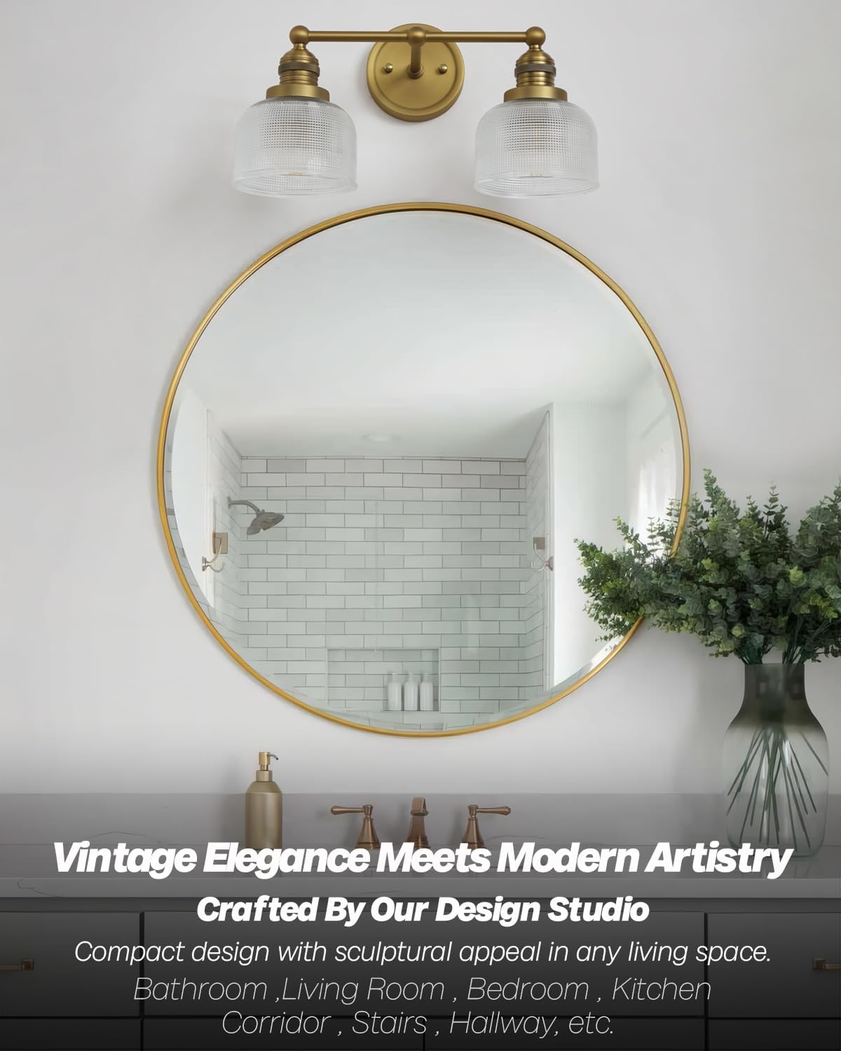 Double Vintage Gold Wall Sconces Antique Brass Bathroom Vanity Light with Clear Corrugated Glass Shade Indoor Hardwire Wall Sconce Lamp Lights for Bathroom Living Room Bedroom Kitchen