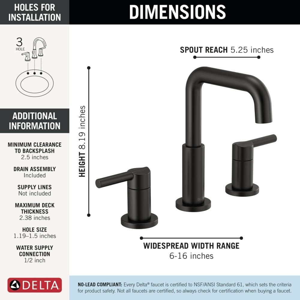 Delta Nicoli Matte Black Bathroom Faucet 3 Hole, 8 Inch Widespread Bathroom Sink Faucet for Vanity, Push-Pop Drain Assembly, Matte Black 35849LF-BL