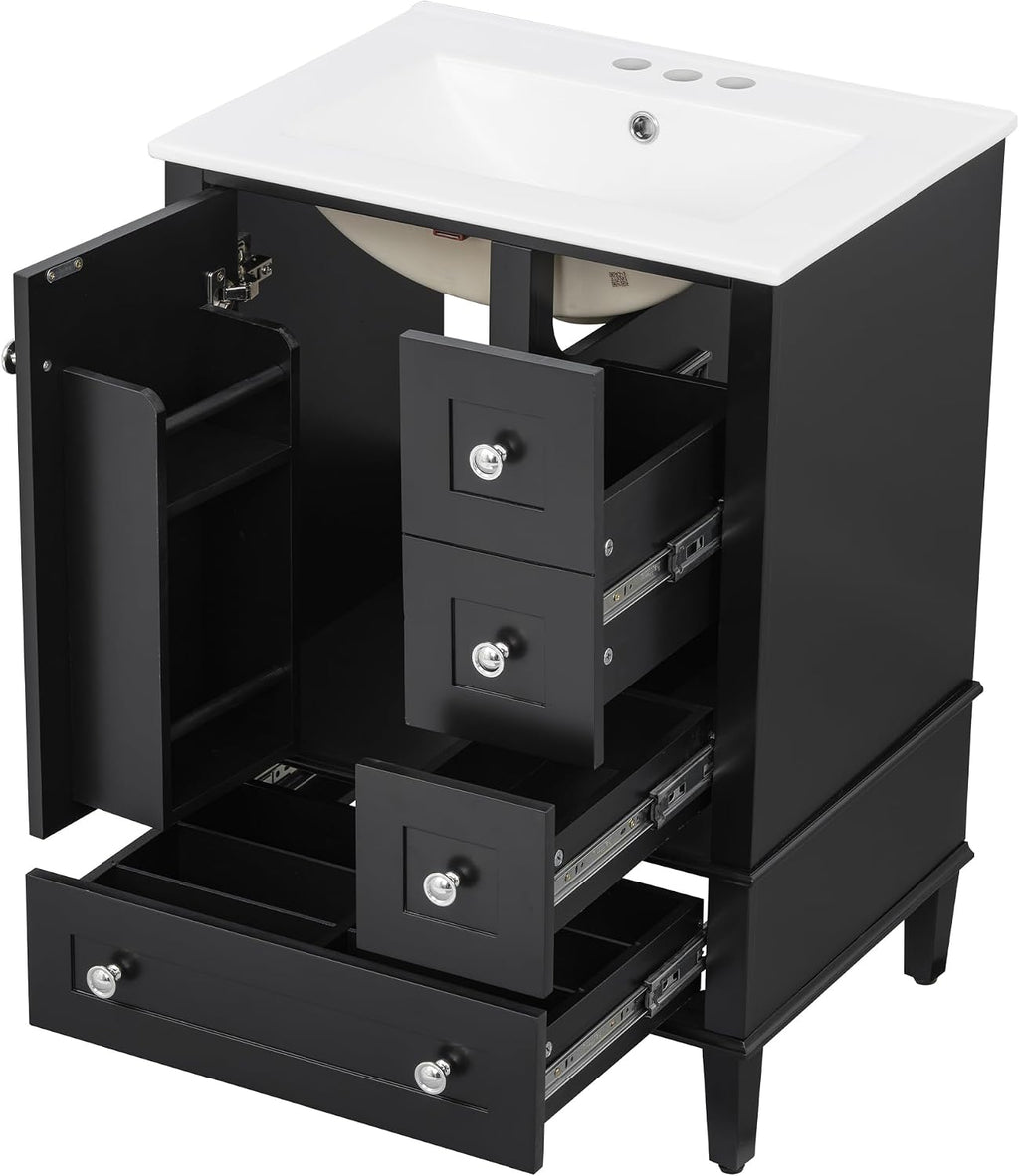 Bellemave 24' Bathroom Vanity with Sink Combo Set, Solid Wood Frame Bathroom Storage Cabinet with 3 Drawers, Soft Closing Cabinet Door with Organizer, Black