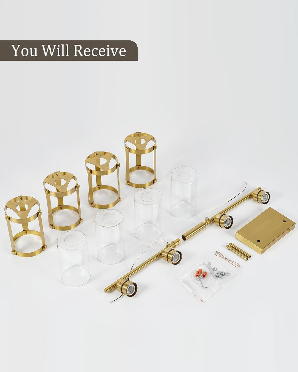 4-Light Brushed Gold Bathroom Light Fixtures with Clear Glass and Metal Cage, 29 Inch Modern Brass Vanity Lighting Over Mirror Wall Sconce Lights for Bath, E26, Rust-Proof, OS-3014BG-4W